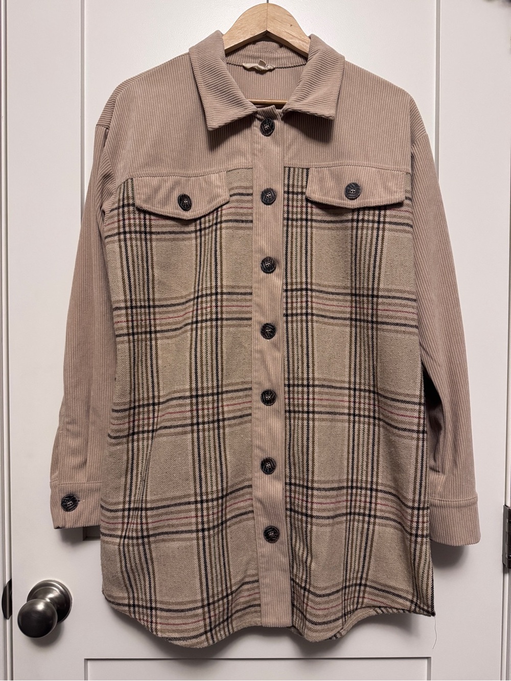 Mystree Taupe Plaid Utility Shacket with Corduroy Trim